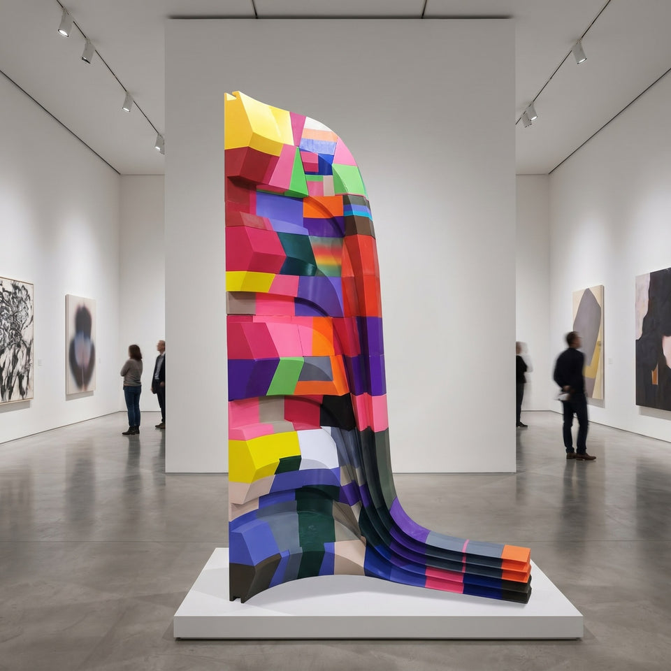 Abstract geometric sculpture - colourful 3D art piece in gallery