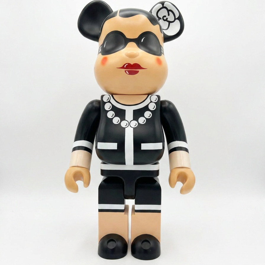 Maid Style Bearbrick 1000% designer art toy - hand-painted figure in a black and white jacket with pearl necklace, sunglasses and flower